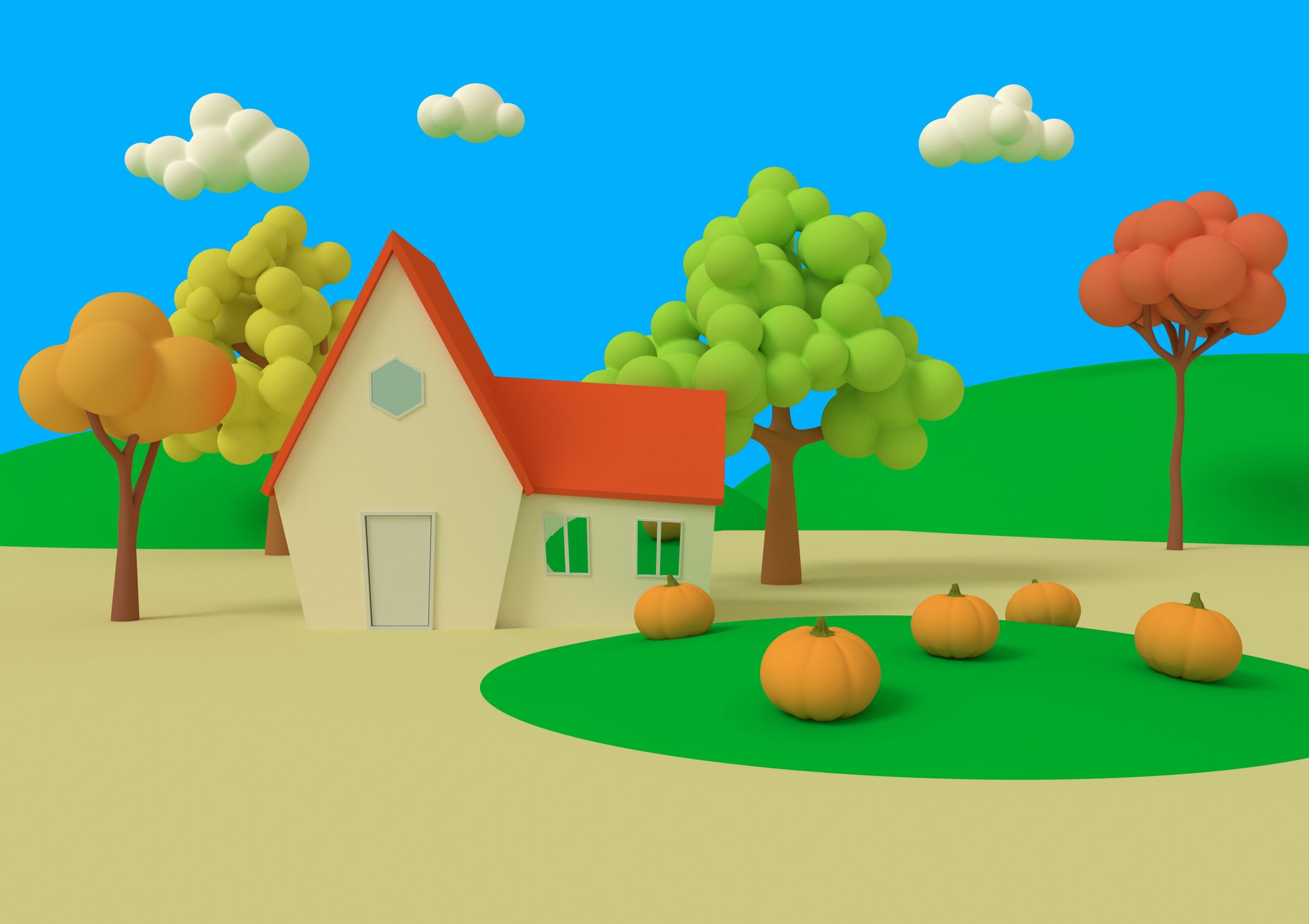 Picturesque Rural Landscape with Harvest in Cartoon Style.